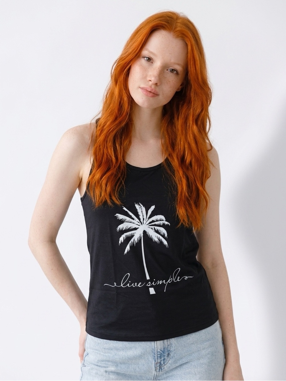 Live Simple Black Palm Graphic Tank Top NWOT